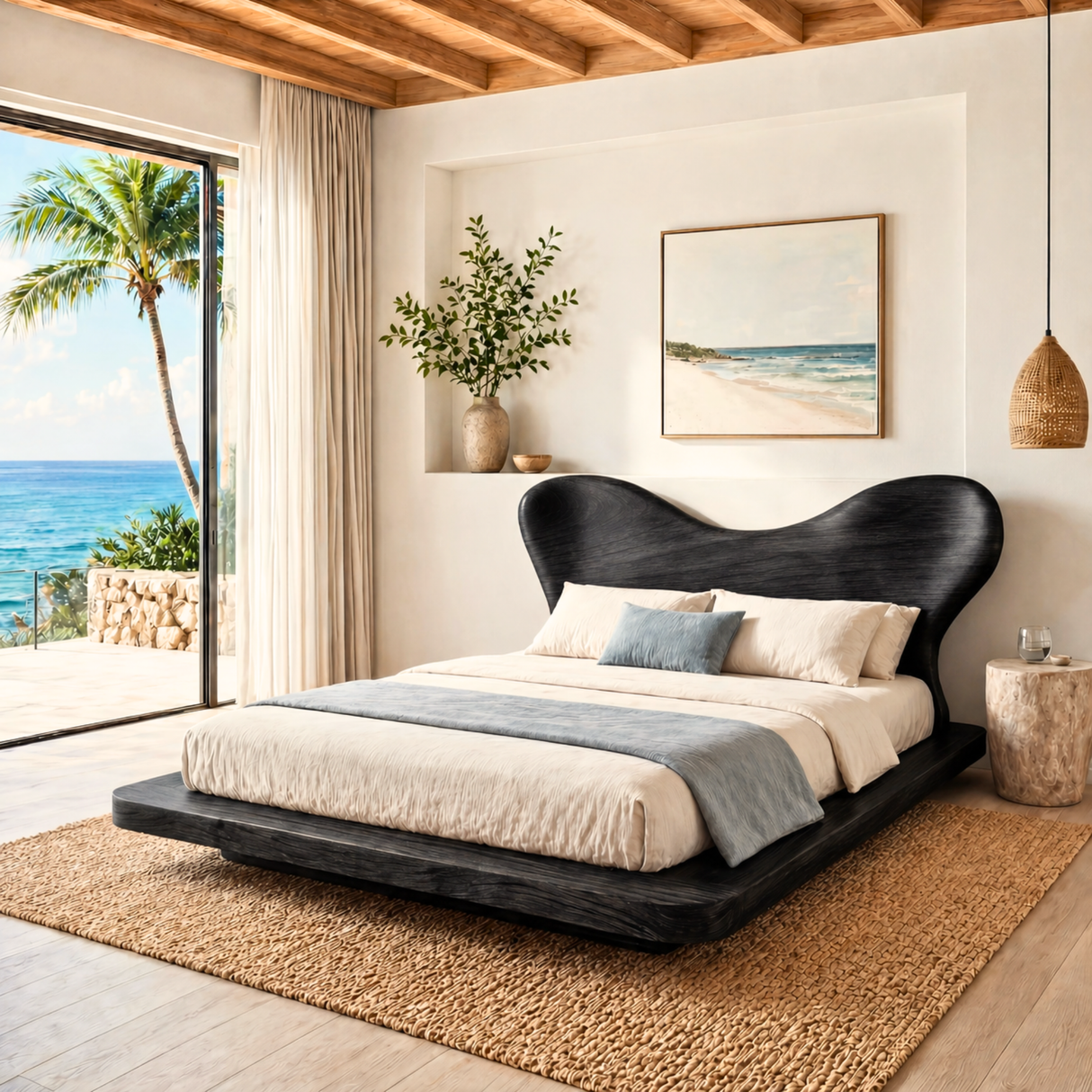 Sculptural Solid Wood Platform Bed with Organic Curved Headboard for Bedroom