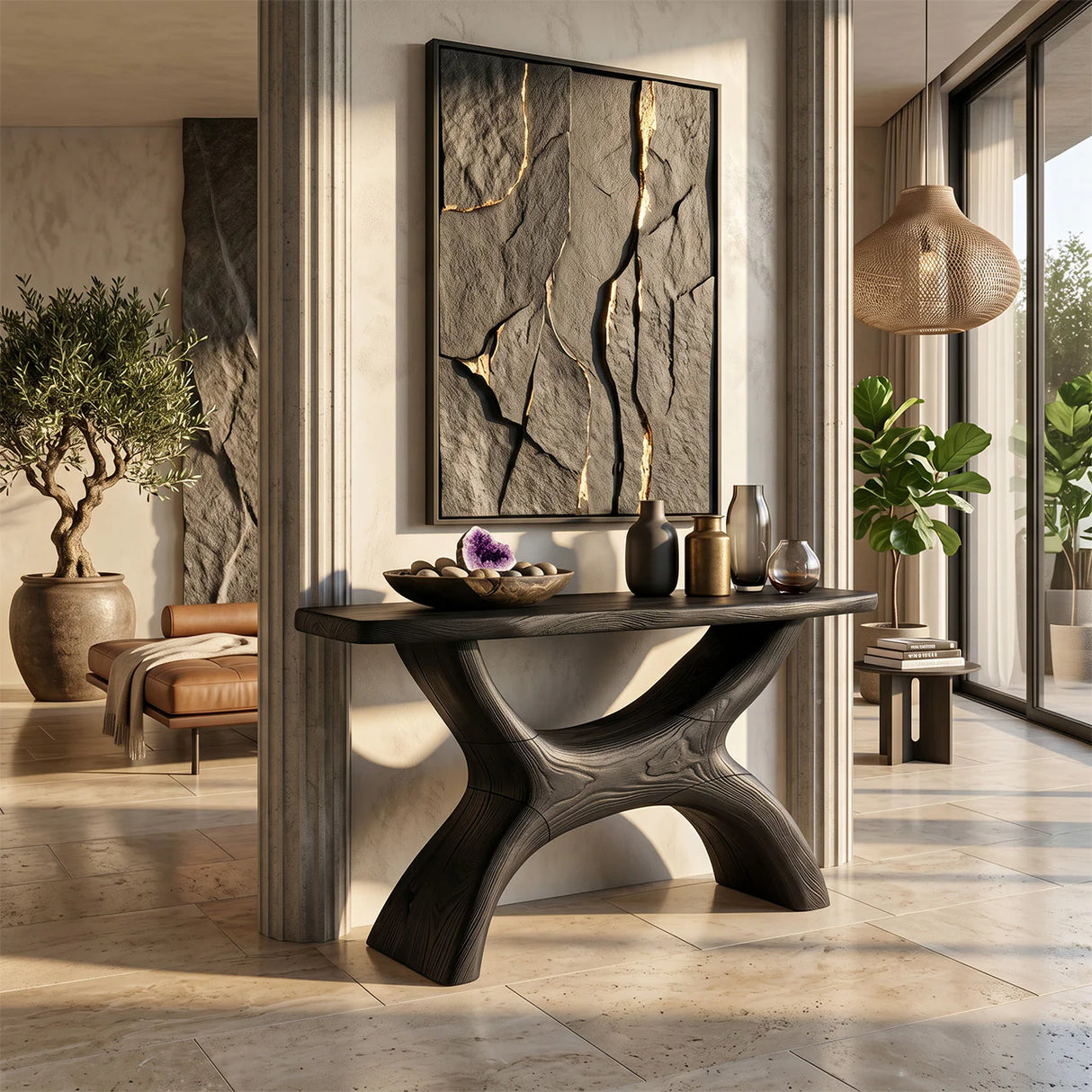 Solid Wood Sculptural Console Table for Organic Modern Entryway