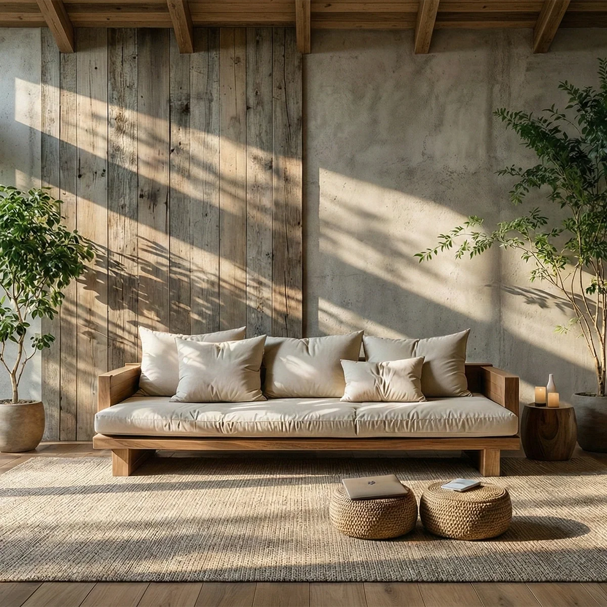Low Profile Solid Wood Sofa with Linen Cushions for Zen Modern Living