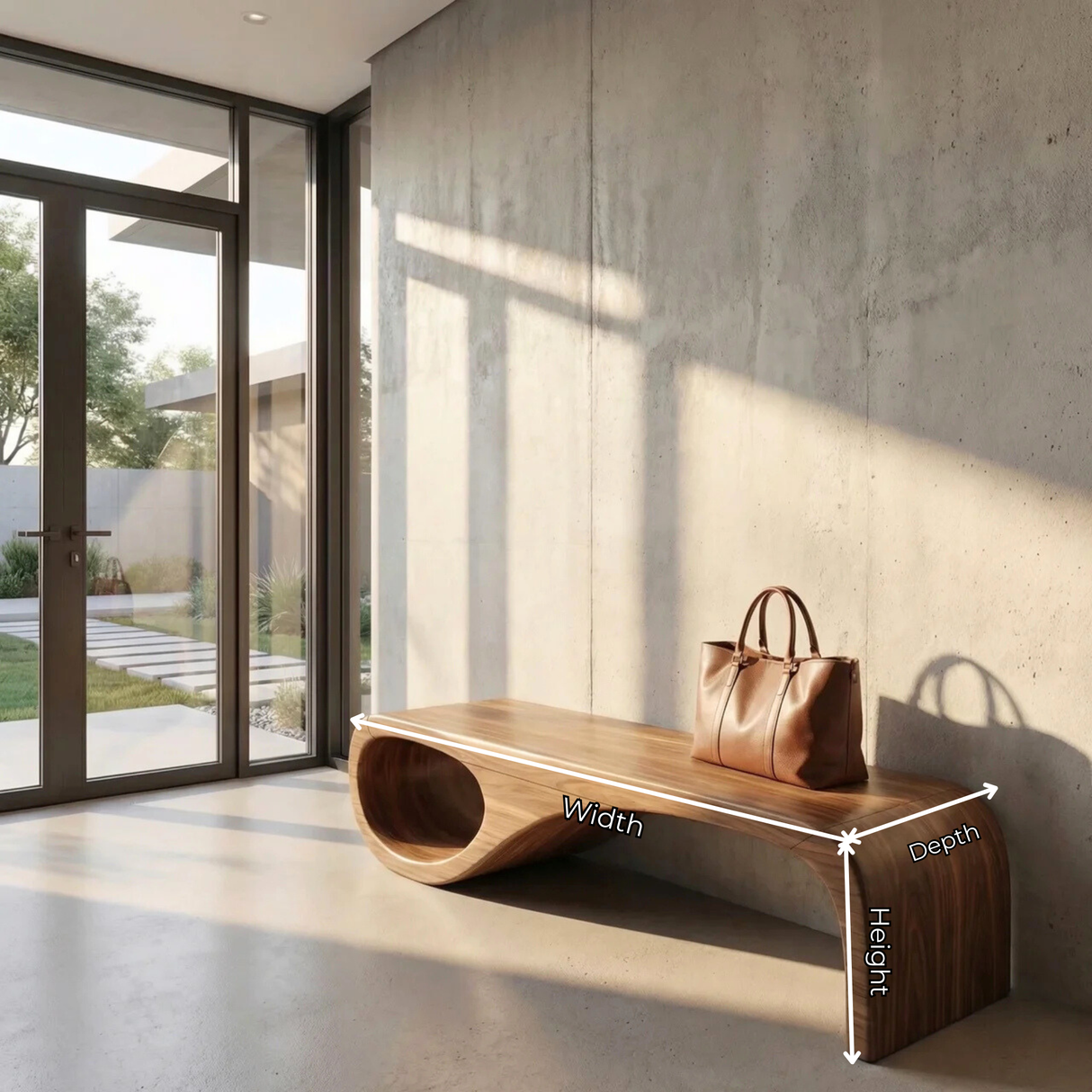 Organic Wood Bench with Sculptural Loop Base for Modern Mediterranean Interiors