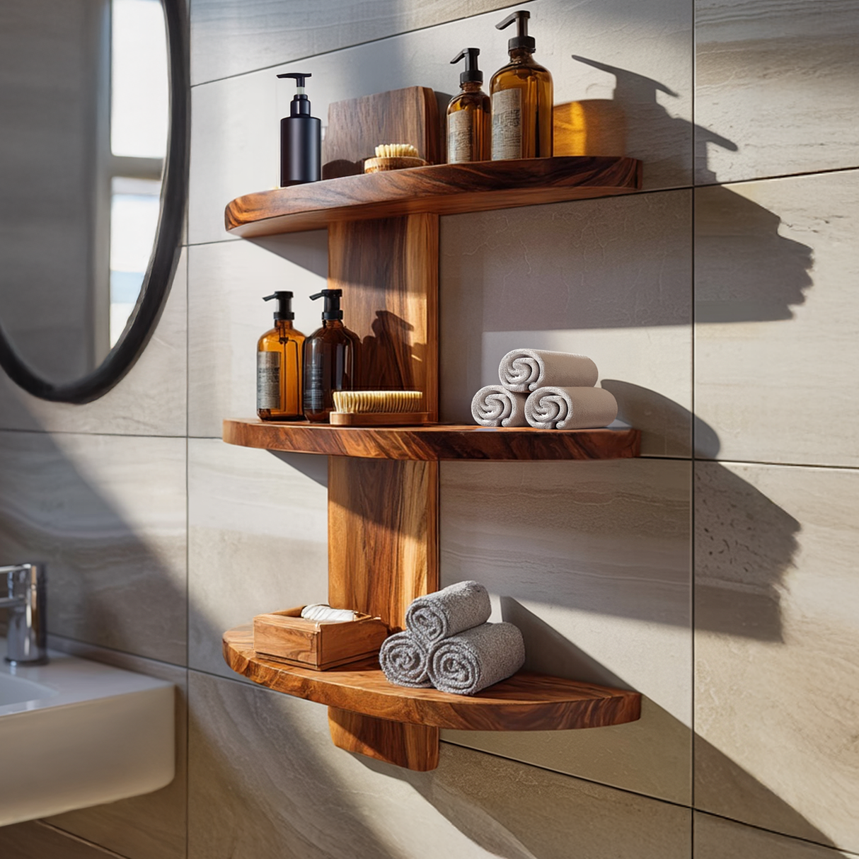 Floating Solid Wood Corner Shelf for Modern Bathroom