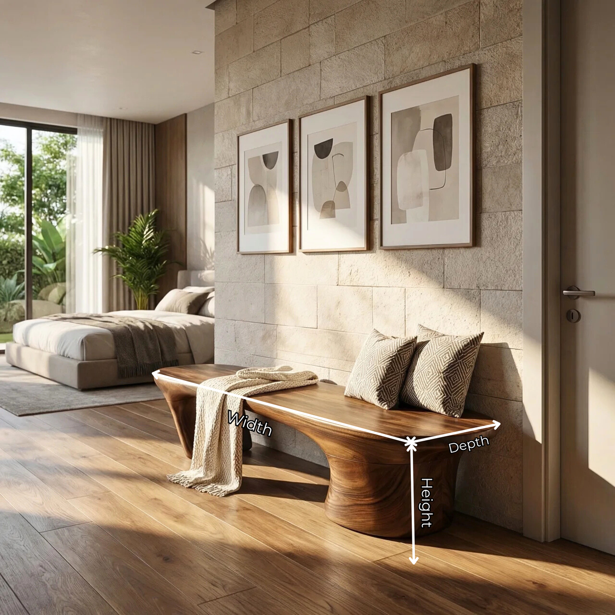 Organic Wood Bench with Sculptural Flared Pedestal Base for Modern Interiors