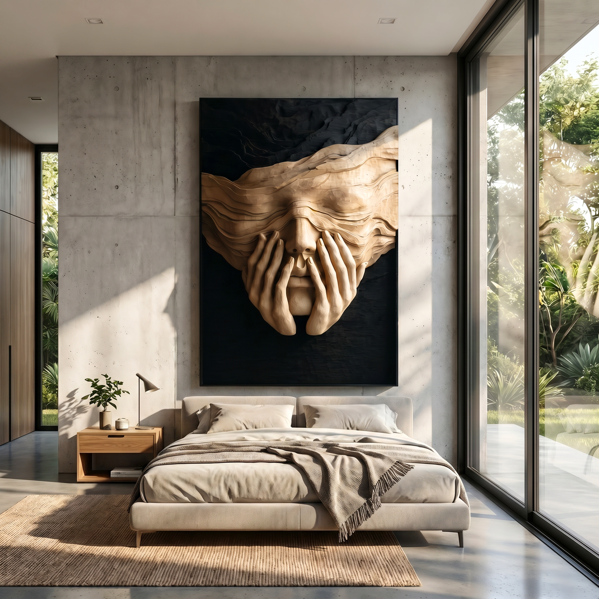 Sculptural Wood Wall Art with Veiled Face and Hands