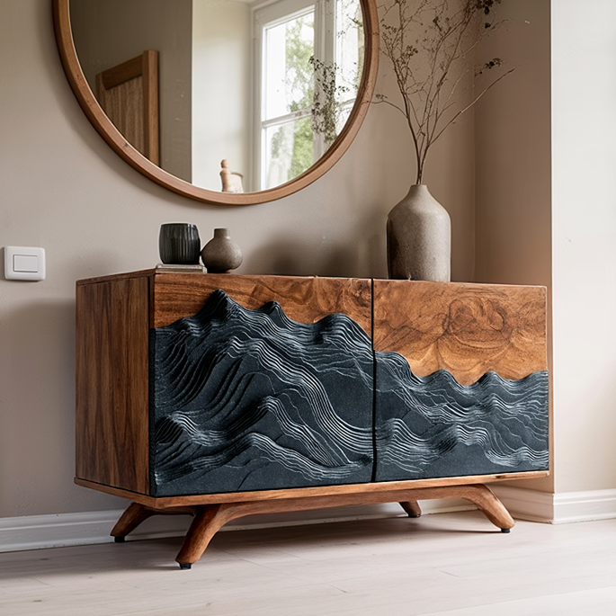 Solid Wood Sideboard with Sculpted Wave Relief Doors