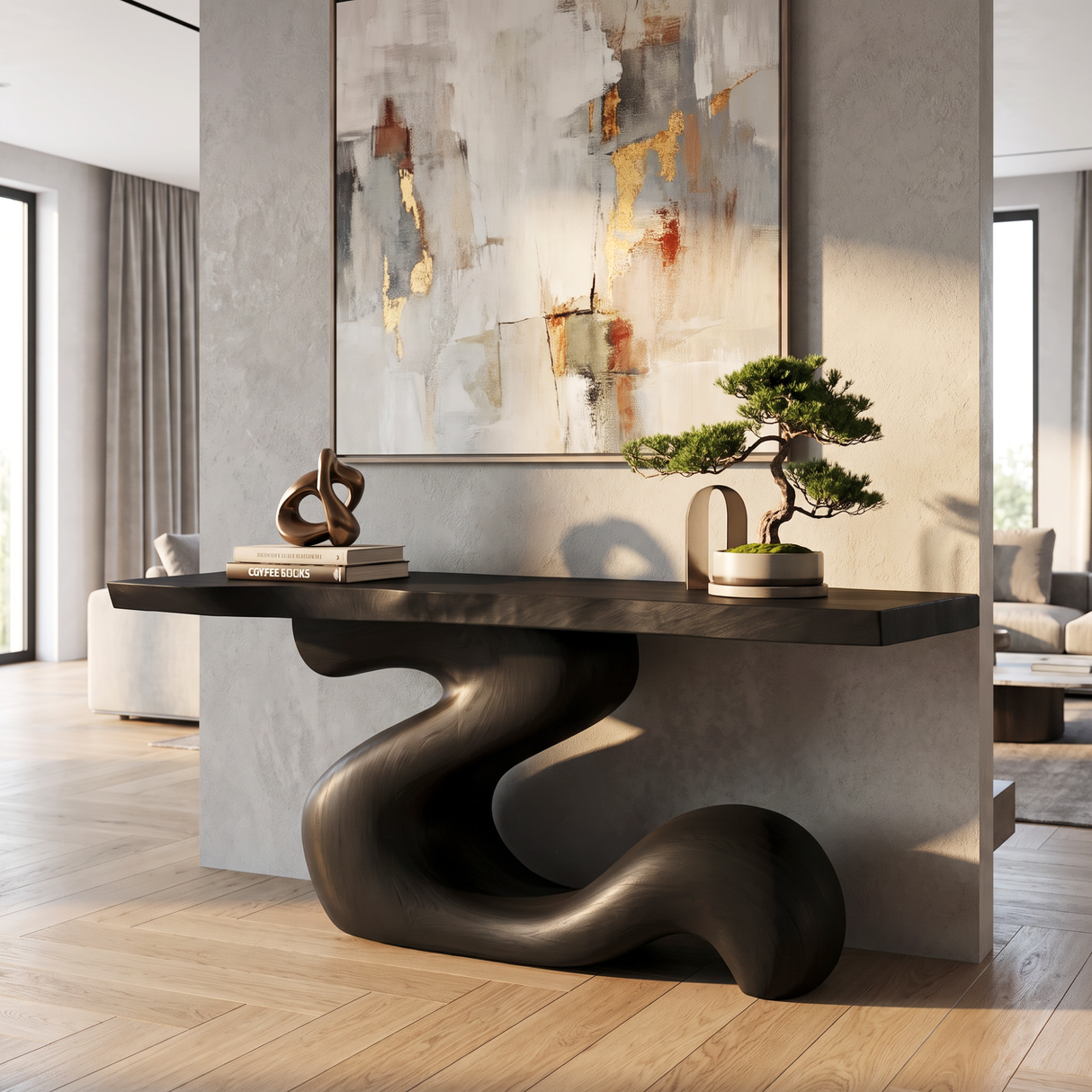 Console Table Solid Wood with Sculptural S Curve Base for Entryway Decor