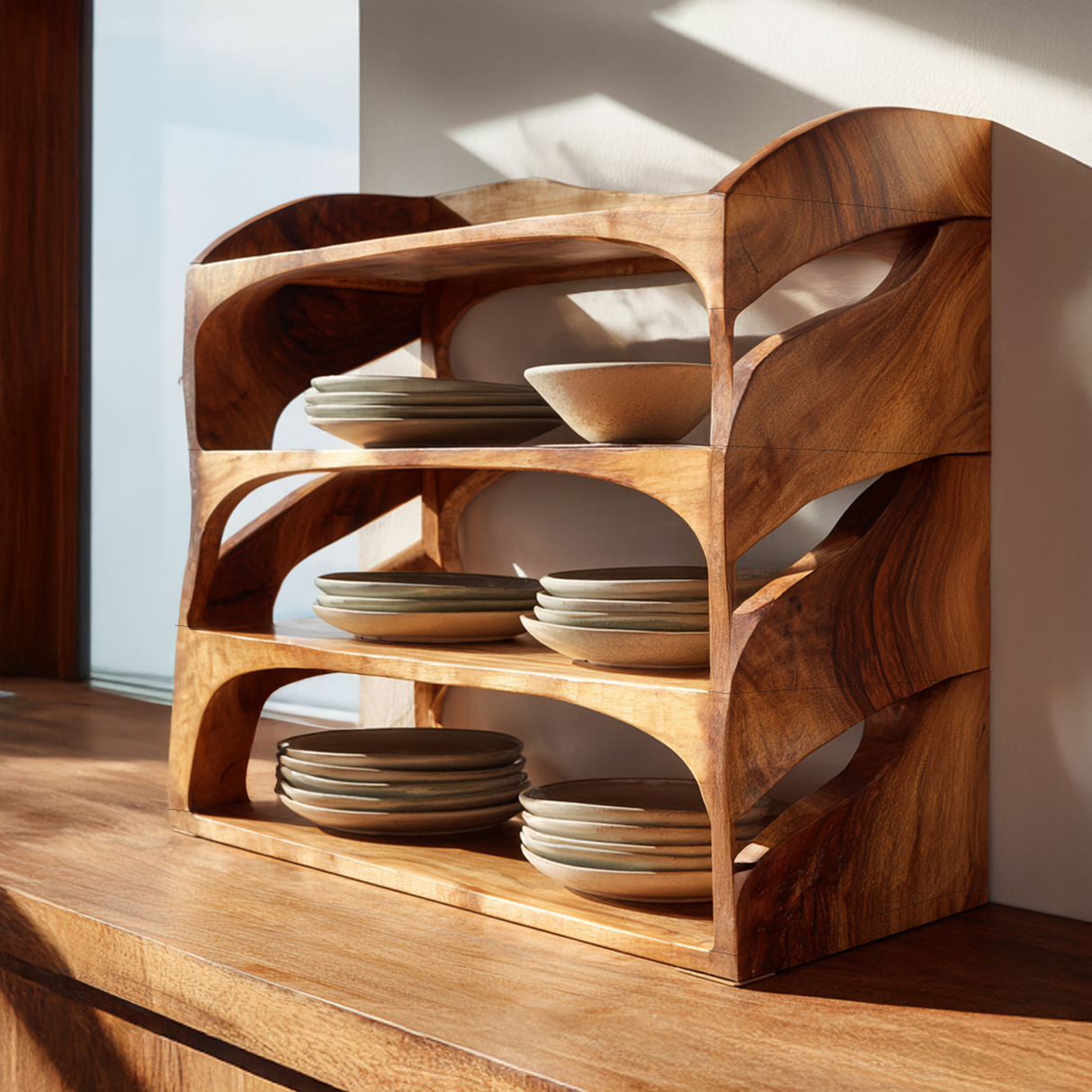 Sculptural Solid Wood Kitchen Counter Storage Shelf