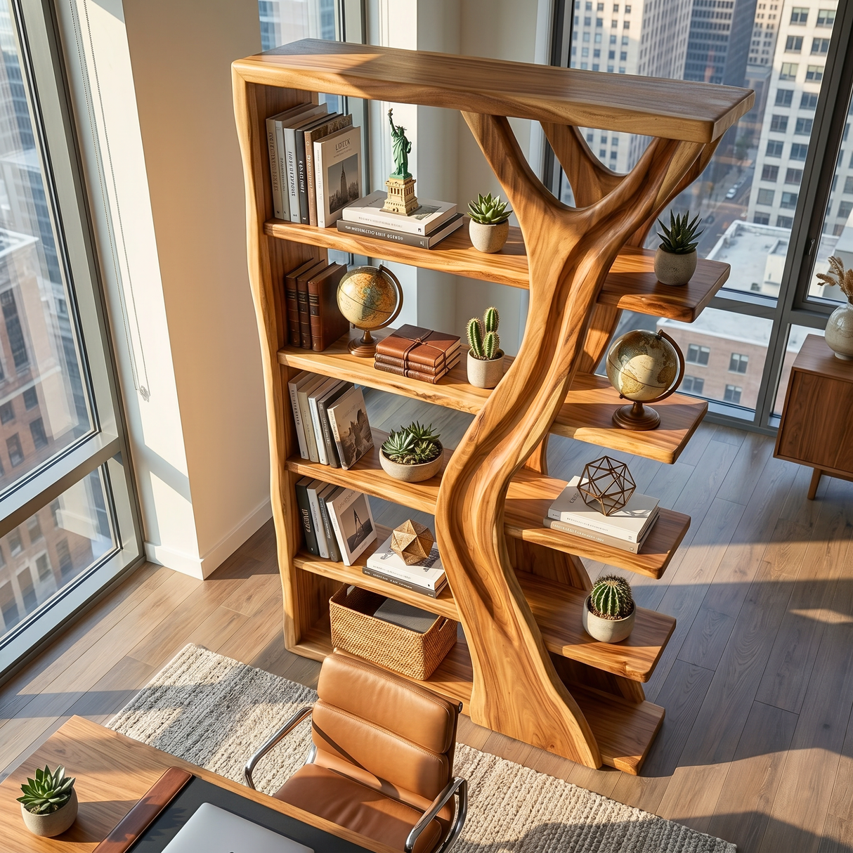Handcrafted Solid Wood Tree Inspired Bookshelf for Organic Modern Interiors