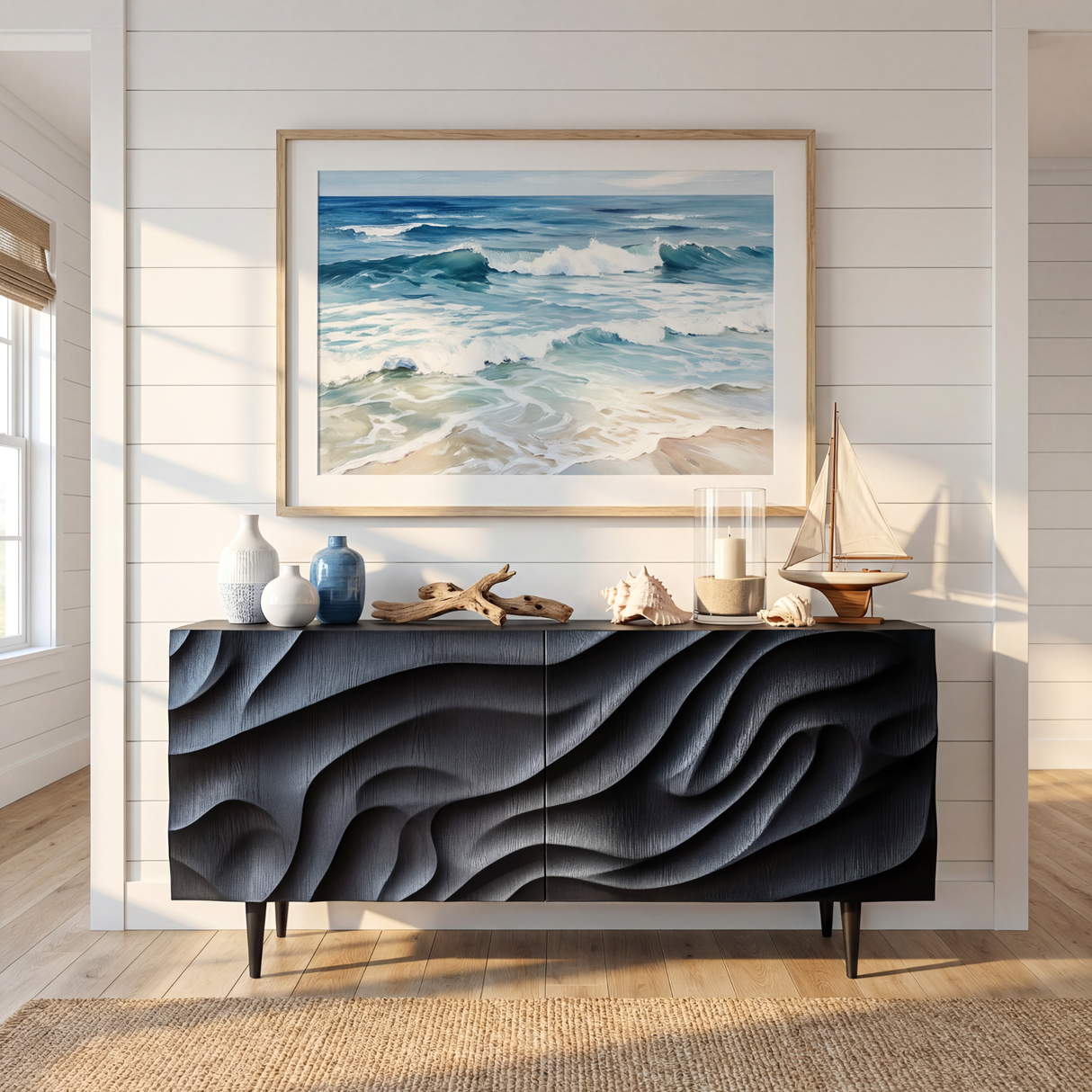 Sculpted Black Wood Sideboard Cabinet with Carved Wave Front for Modern Living and Dining Rooms