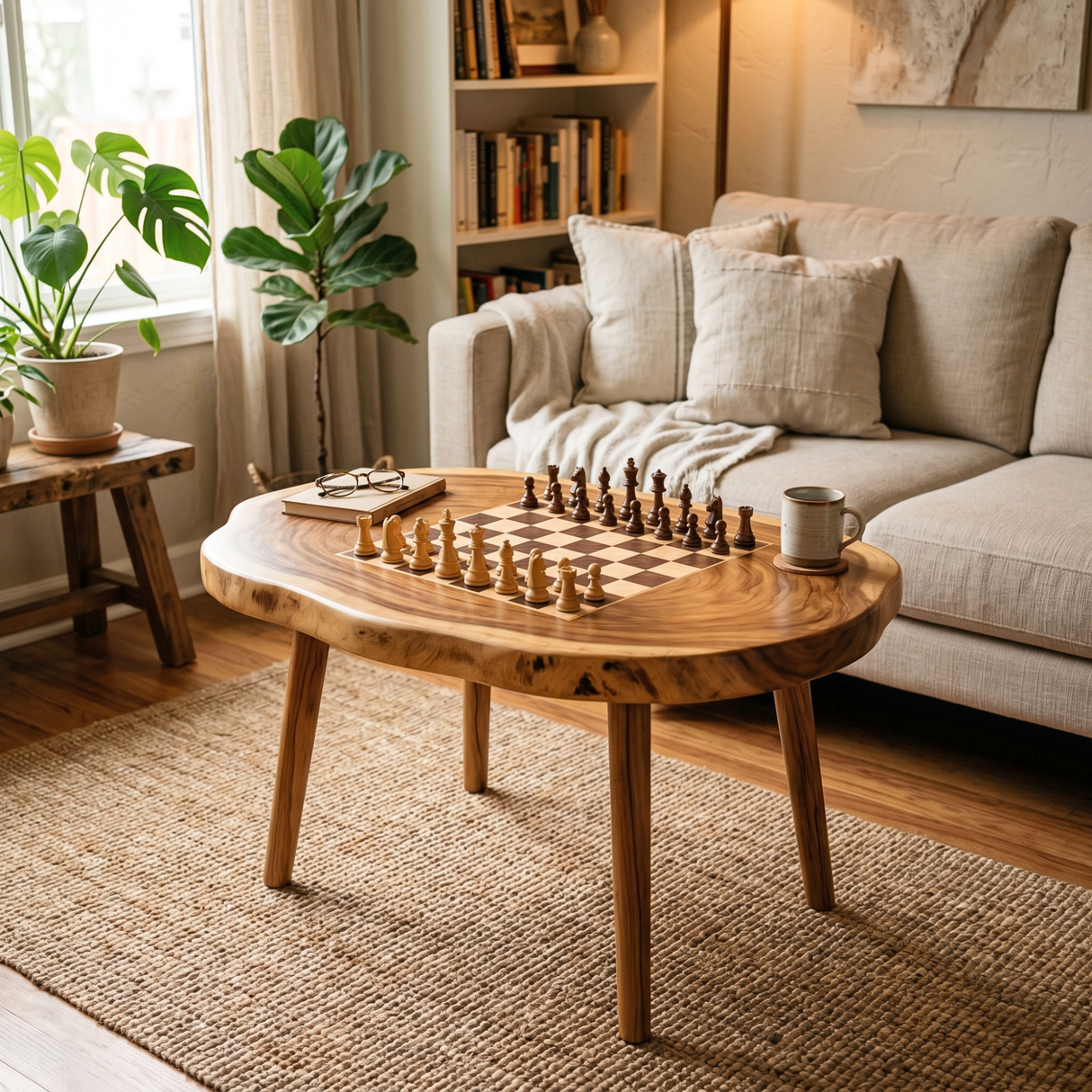 Handcrafted Solid Wood Oval Chess Coffee Table with Built In Board