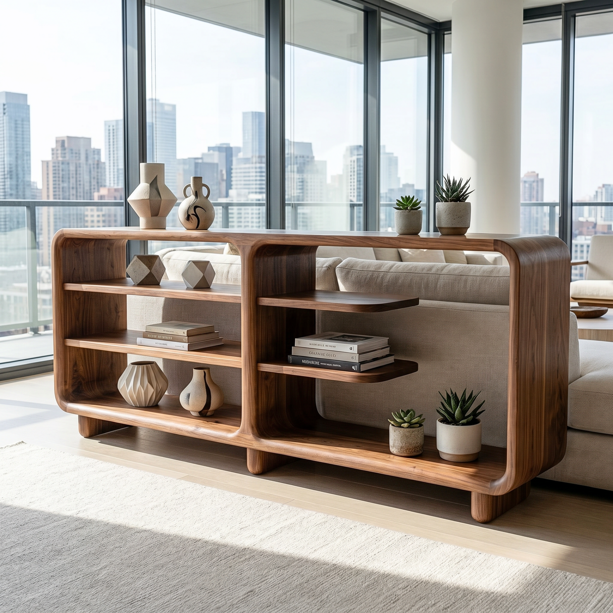 Solid Wood Rounded Console Sideboard with Open Display Shelves