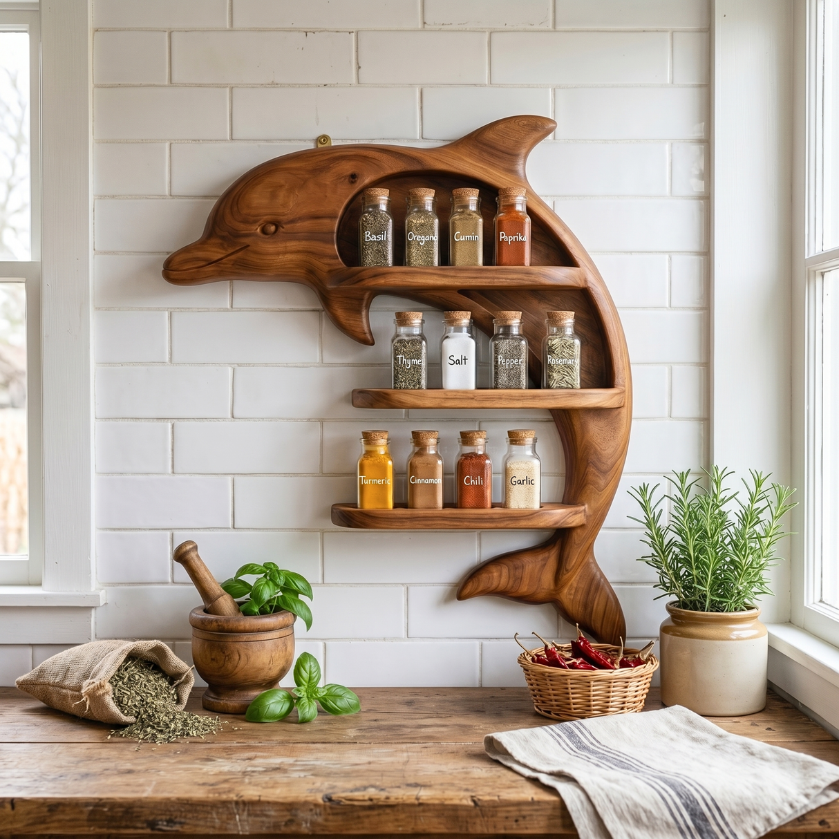 Handmade Solid Wood Dolphin Spice Organizer with Three Open Kitchen Shelves