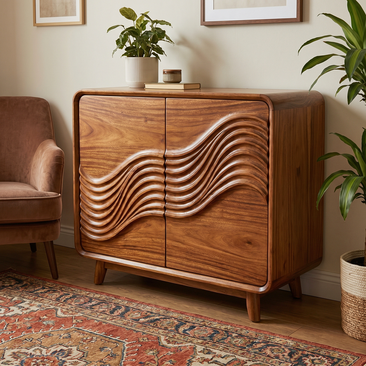 Handcrafted Solid Wood Sideboard with Sculpted Wave Doors