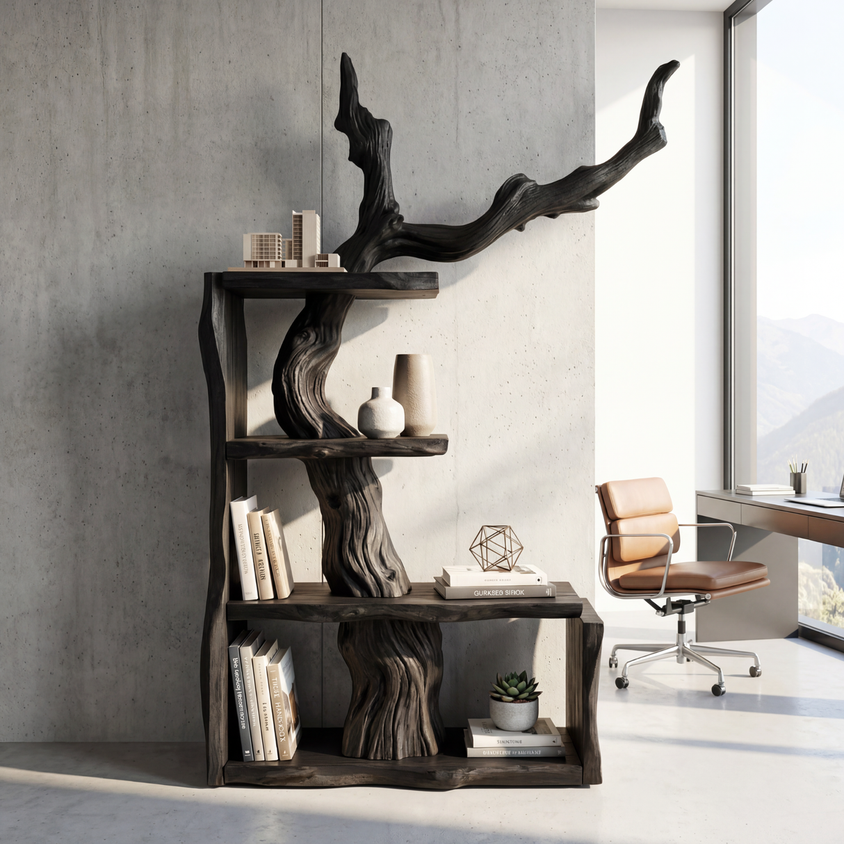 Sculptural Solid Wood Bookshelf with Tree Branch Form Organic Modern