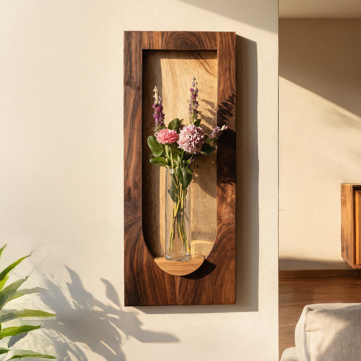 Solid Wood Wall Niche Sculpture with Integrated Vase Shelf