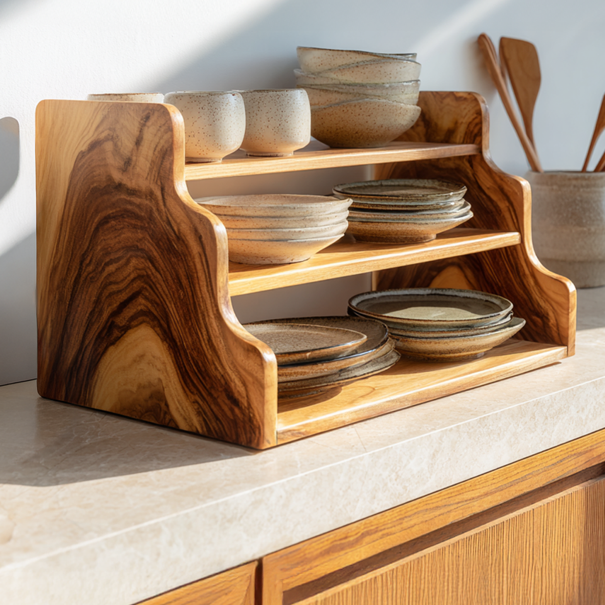 Solid Wood Countertop Display Shelf for Kitchen Storage