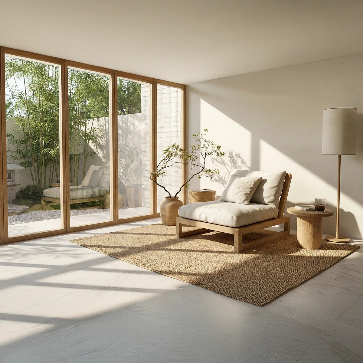 Low Solid Wood Lounge Chair with Cushion Japandi Floor Chair