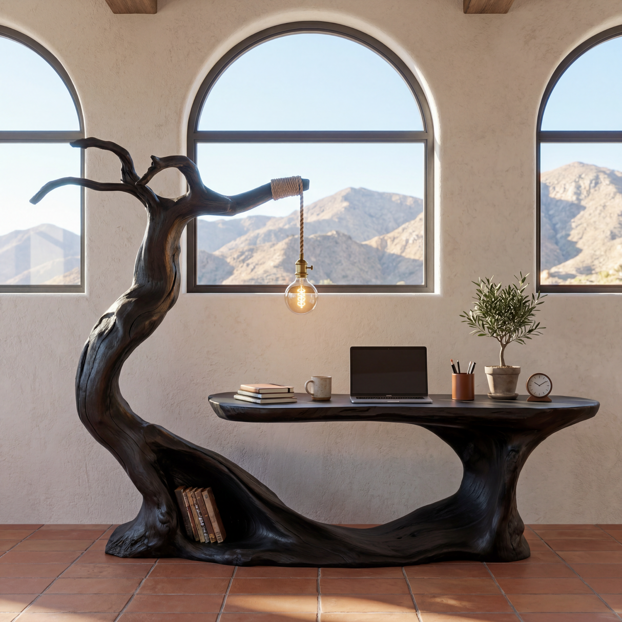 Sculptural Solid Wood Desk with Integrated Hanging Lamp and Open Shelf, Organic Writing Table, Artistic Reading Workspace