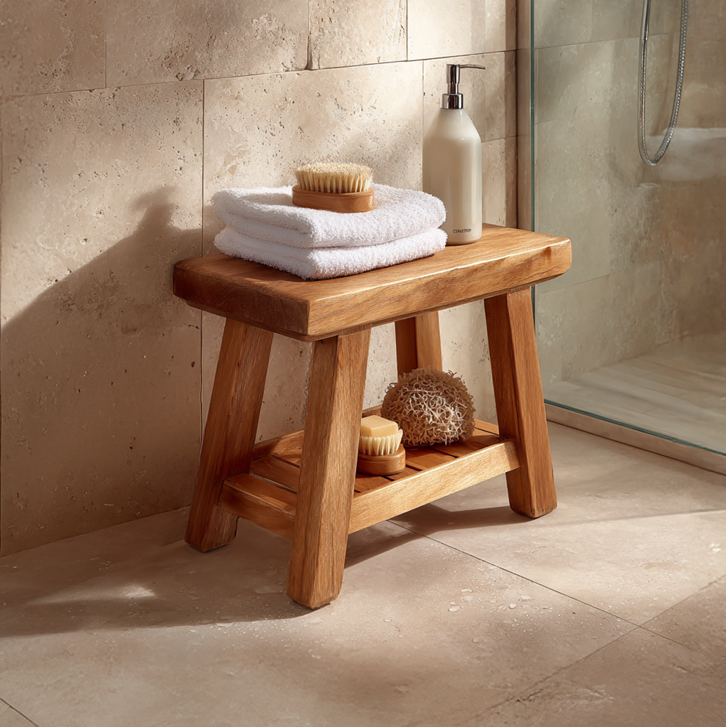 Handcrafted Solid Wood Shower Stool with Storage Rack