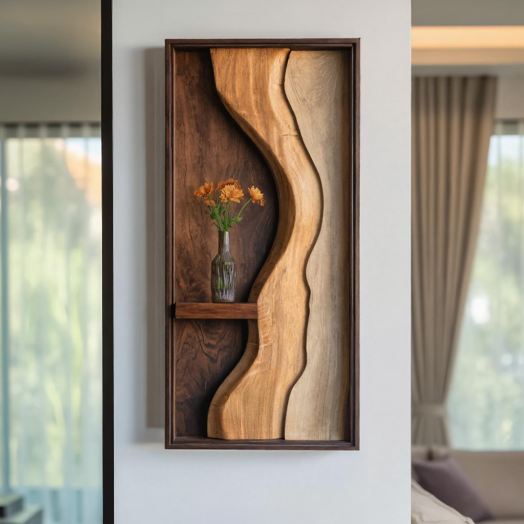 Organic Solid Wood Wall Sculpture with Floating Shelf