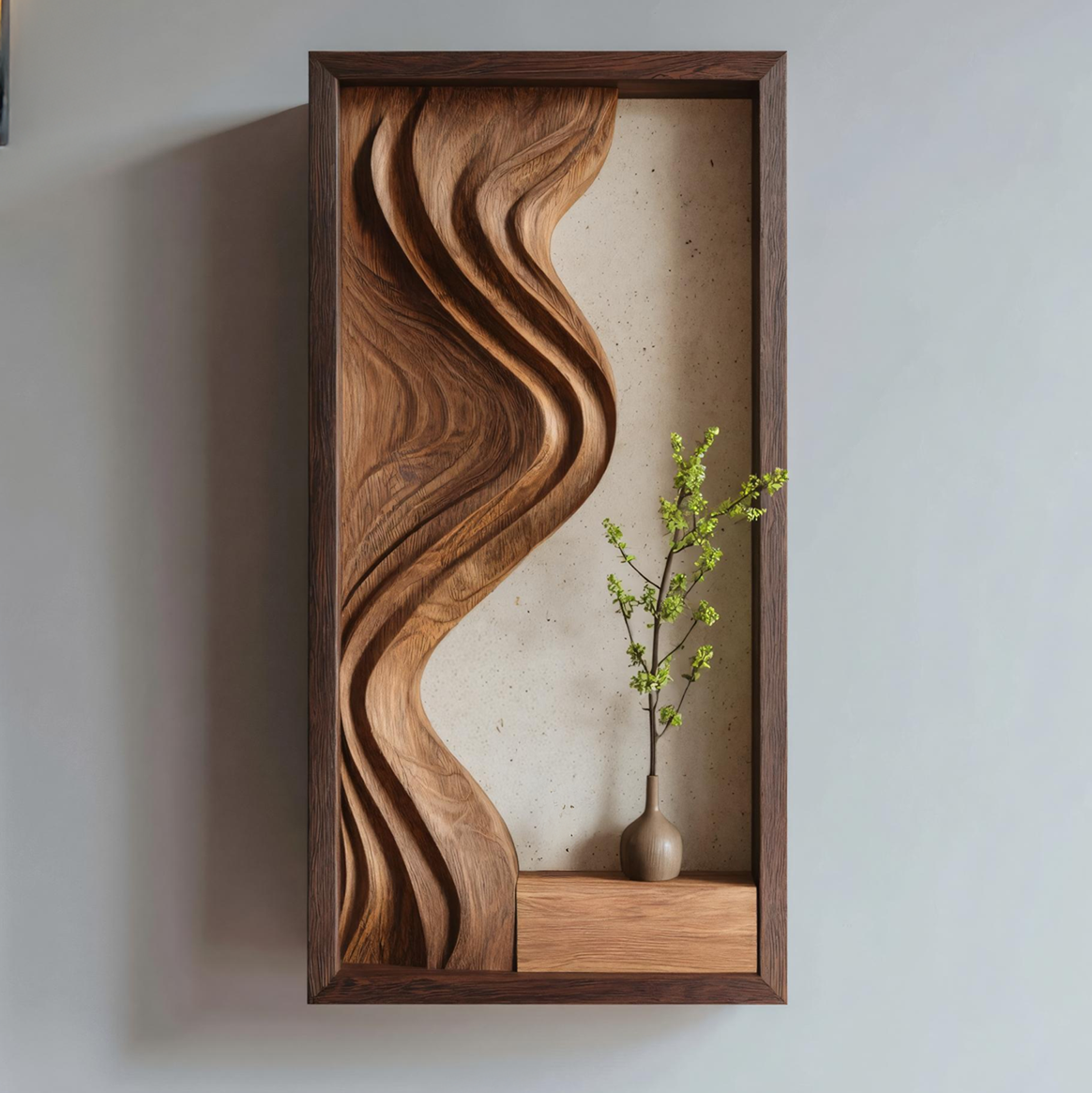 Framed Sculpted Solid Wood Wall Art with Integrated Display Shelf