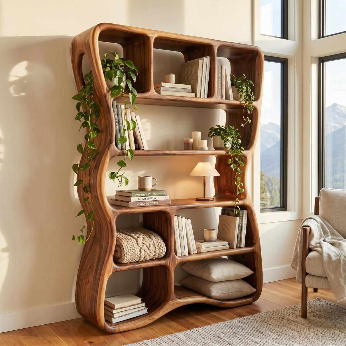 Handcrafted Solid Wood Organic Bookshelf with Rounded Open Shelves