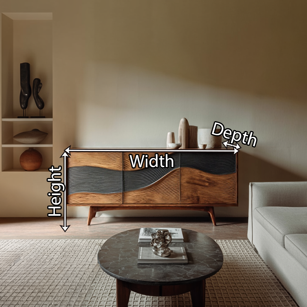 Solid Wood Sideboard with Sculpted Wave Front Modern Artistic Storage Buffet Cabinet for Living Room