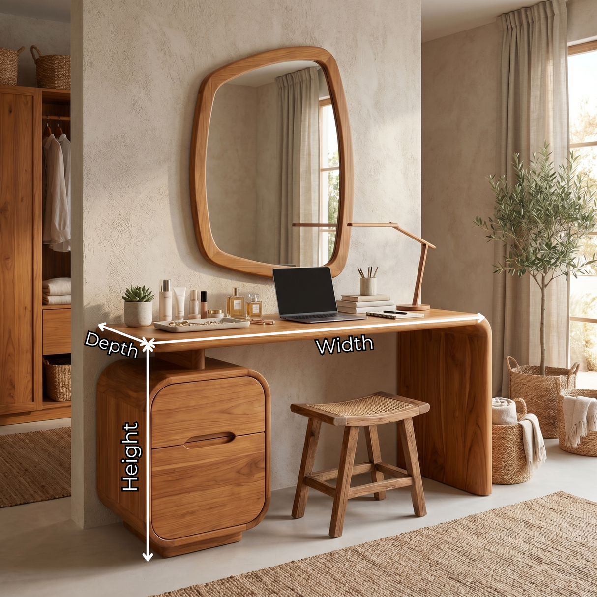 Solid Wood Makeup Vanity Desk with Rounded Storage Cabinet and Waterfall Leg