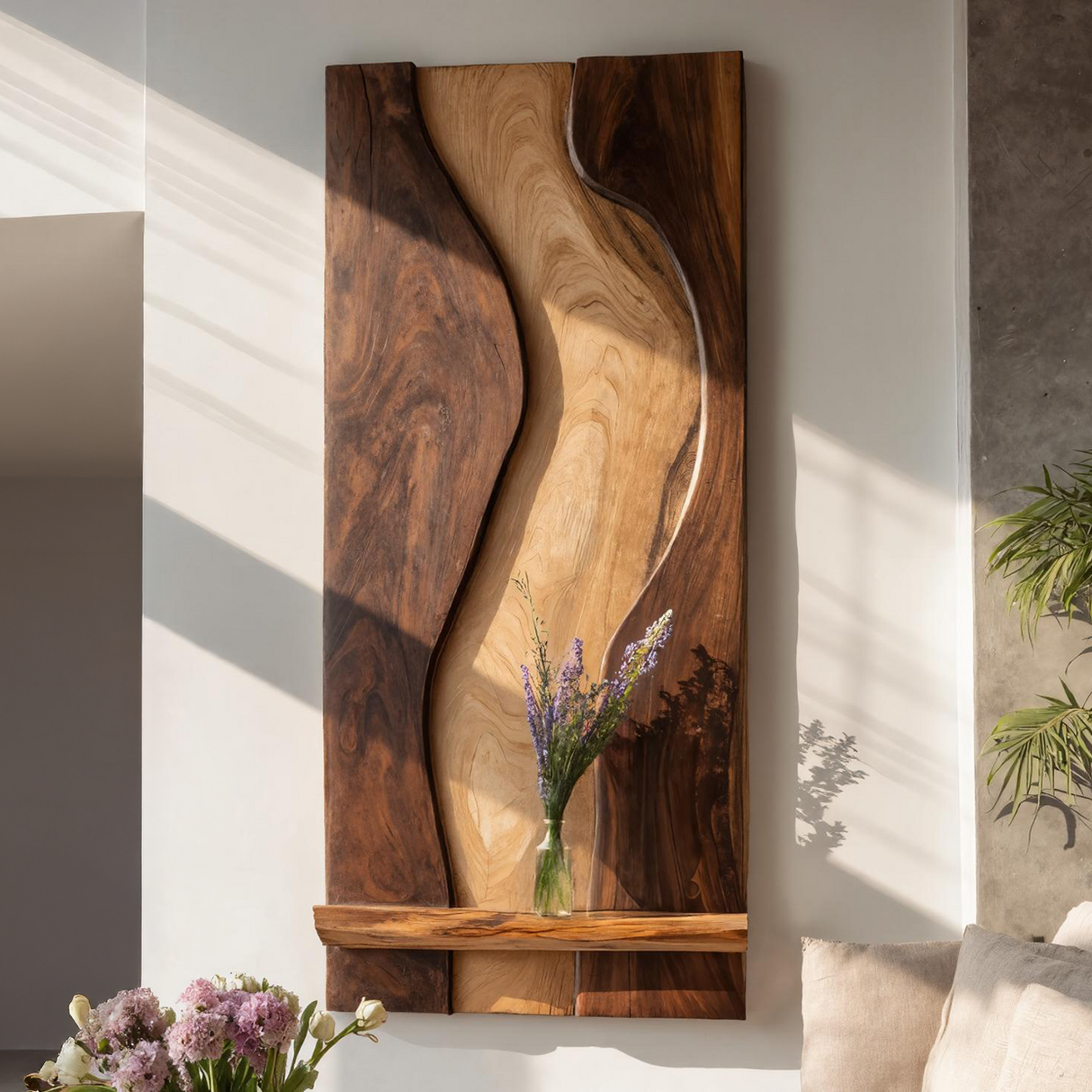 Two-Tone Sculpted Solid Wood Wall Art with Floating Shelf