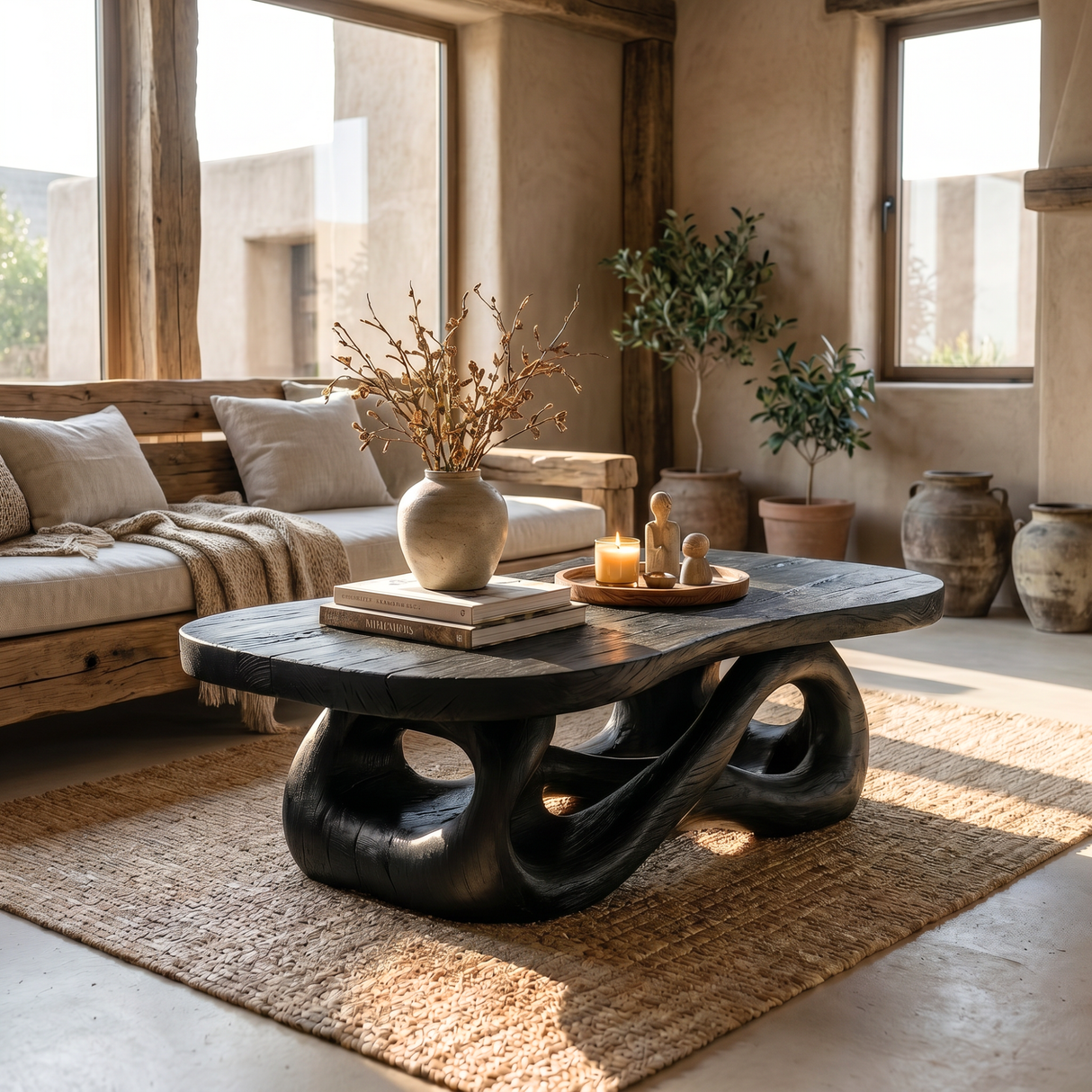 Hand-Carved Solid Wood Coffee Table with Flowing Hollow Base and Natural Slab Top