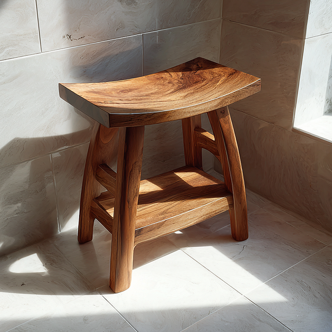 Solid Wood Shower Bench with Curved Seat and Shelf
