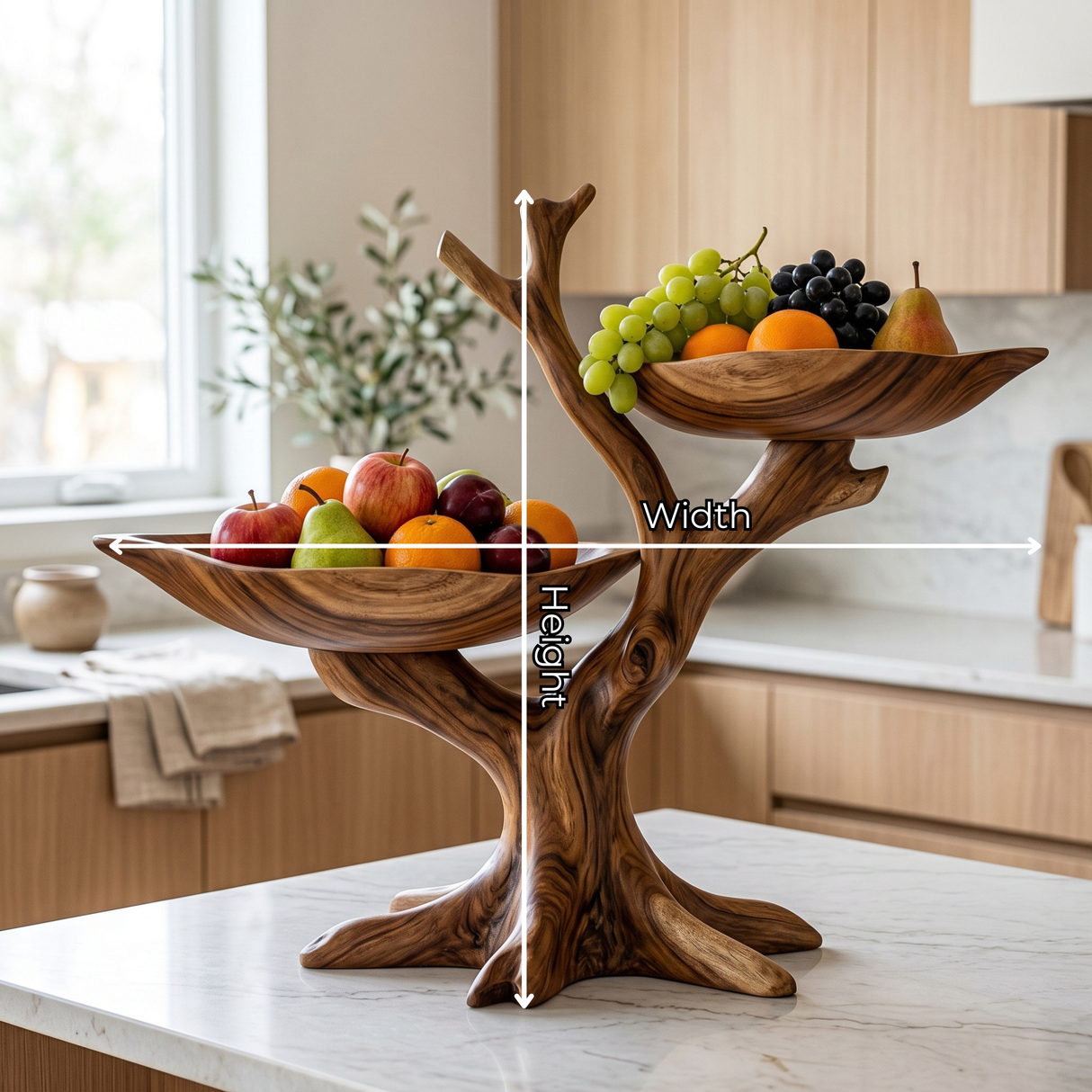 Handcrafted Branch-Form Solid Wood Fruit Bowl with Dual Raised Serving Trays