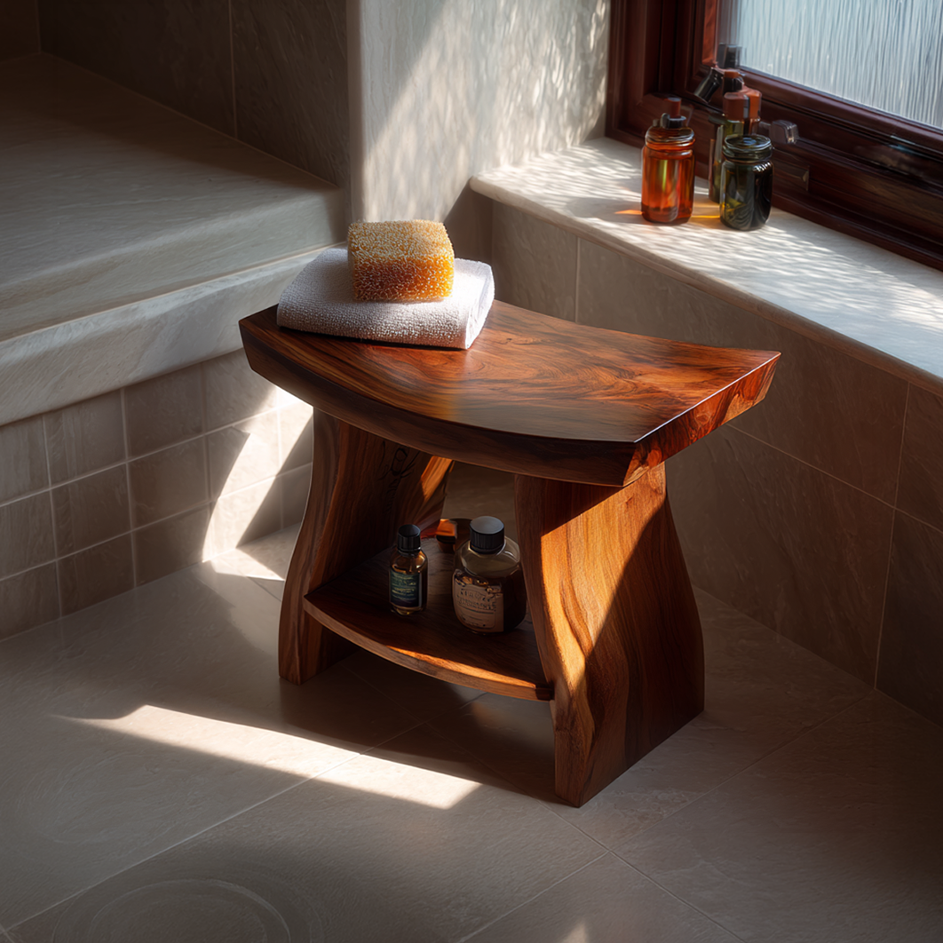 Solid Wood Bath Stool with Sculpted Top and Shelf