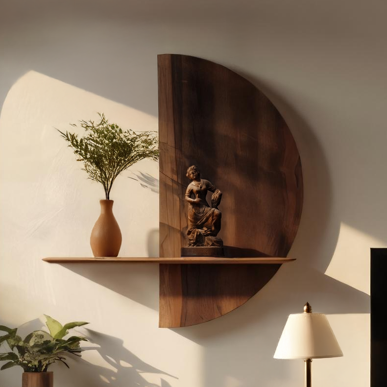 Half-Moon Solid Wood Wall Shelf with Sculptural Back Panel