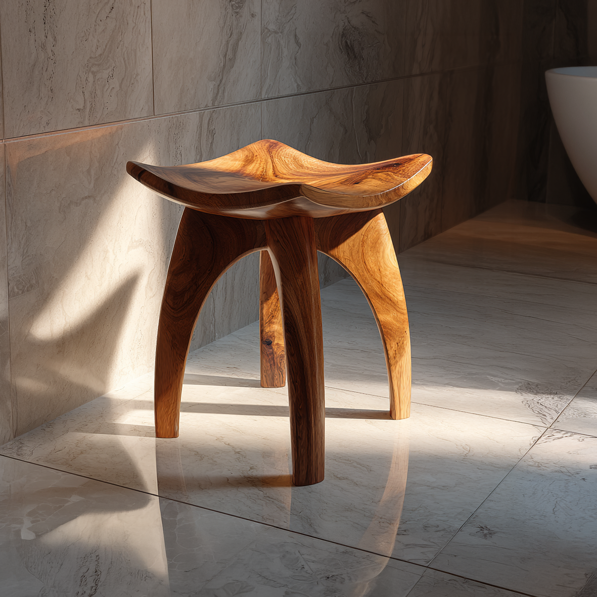 Organic Modern Solid Wood Stool with Curved Arch Legs