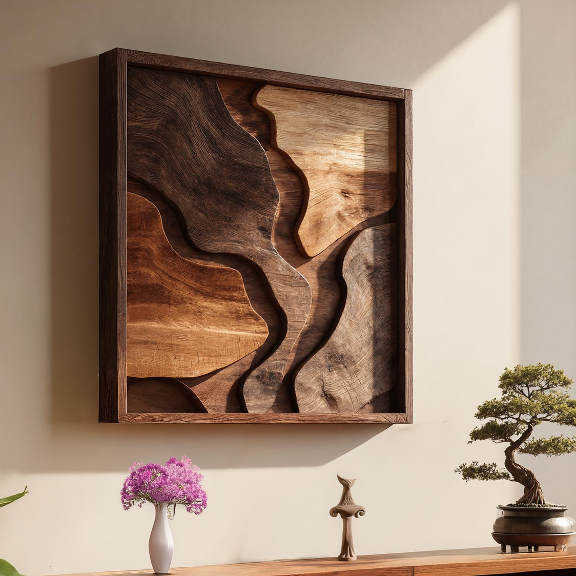 Organic Solid Wood Wall Sculpture Panel for Modern Interiors