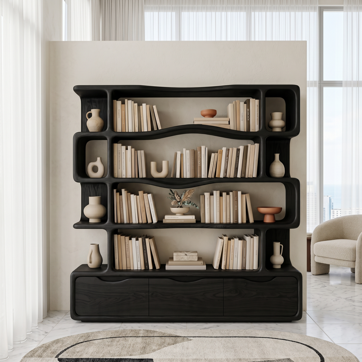 Solid Wood Bookshelf with Wavy Open Shelves and Storage Drawers