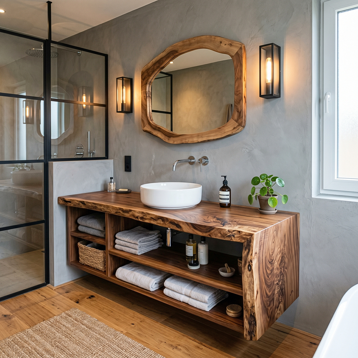 Solid Wood Bathroom Vanity with Open Storage and Vessel Sink
