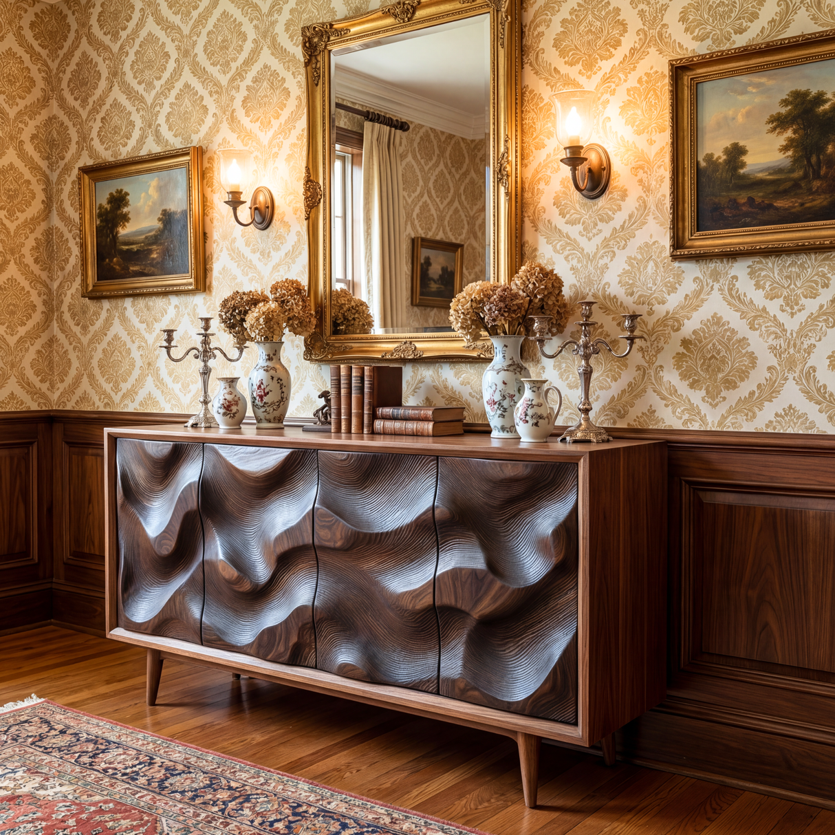 Carved Wave Front Solid Wood Sideboard Cabinet for Living and Dining