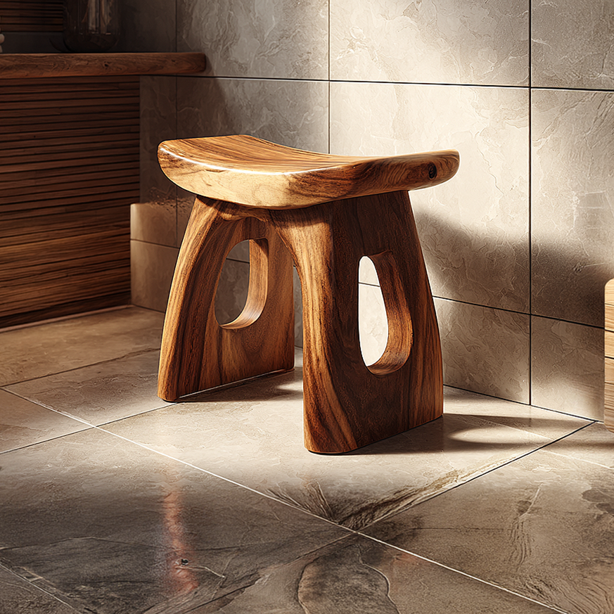 Sculpted Solid Wood Shower Stool with Open Arch Base