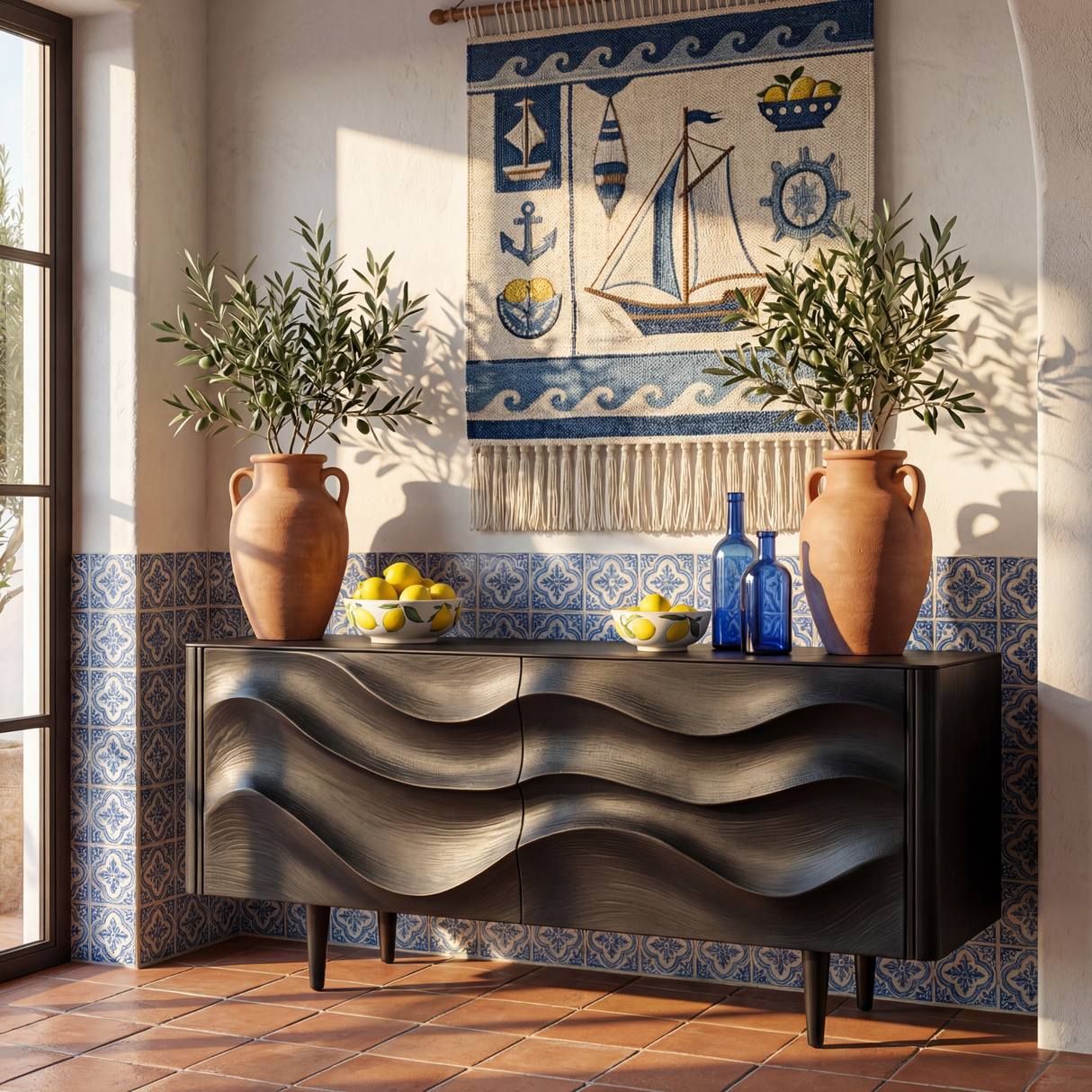 Sculpted Black Wave Sideboard for Modern Living Room and Dining Storage