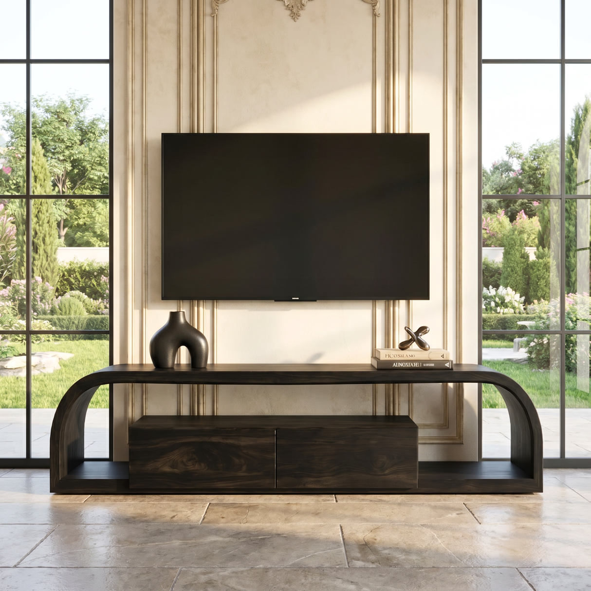 TV Console Solid Wood with Rounded Frame and Cabinet Storage for Living Room