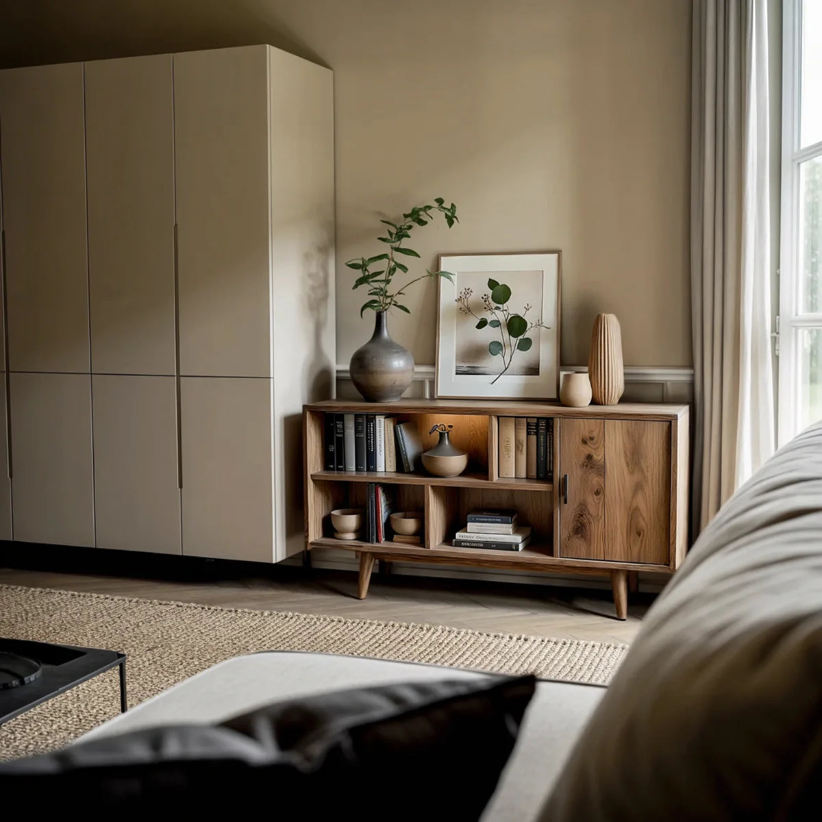 Solid Wood Storage Cabinet with Open Cubby Shelves for Organic Modern Spaces