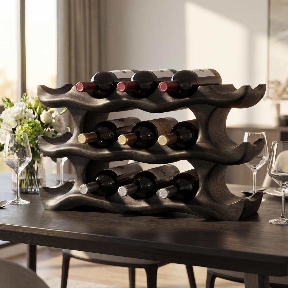 Layered Wave Sculptural Solid Wood Wine Rack Horizontal Bottle Holder for Tabletop Storage