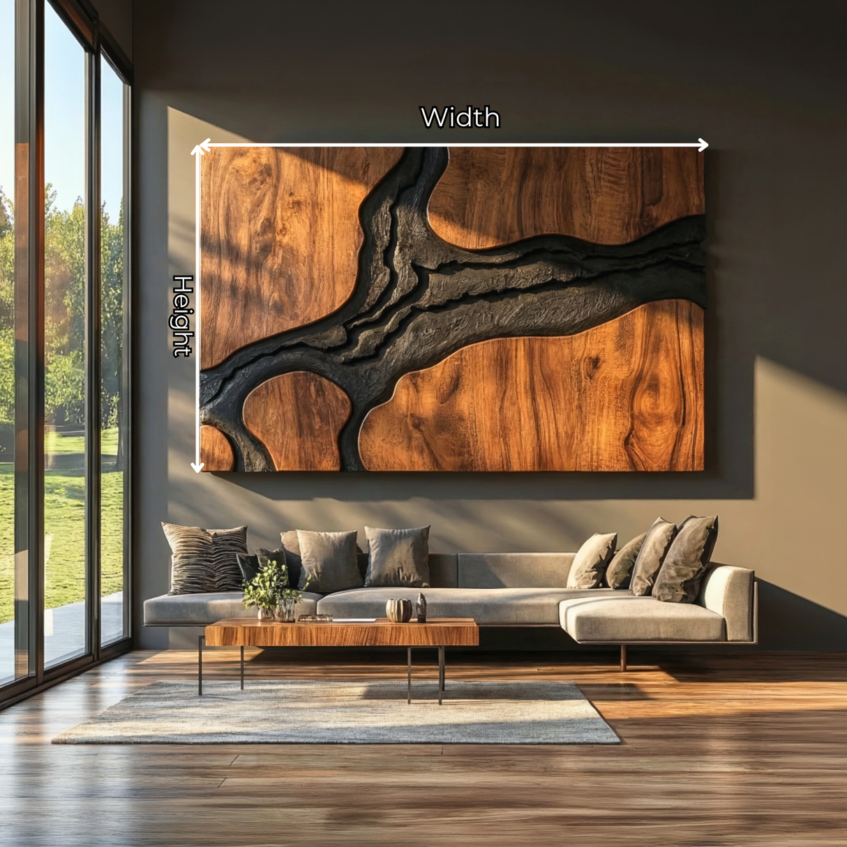 Abstract Wood Wall Art Panel with Black Organic Inlay, Large Sculptural Wall Decor