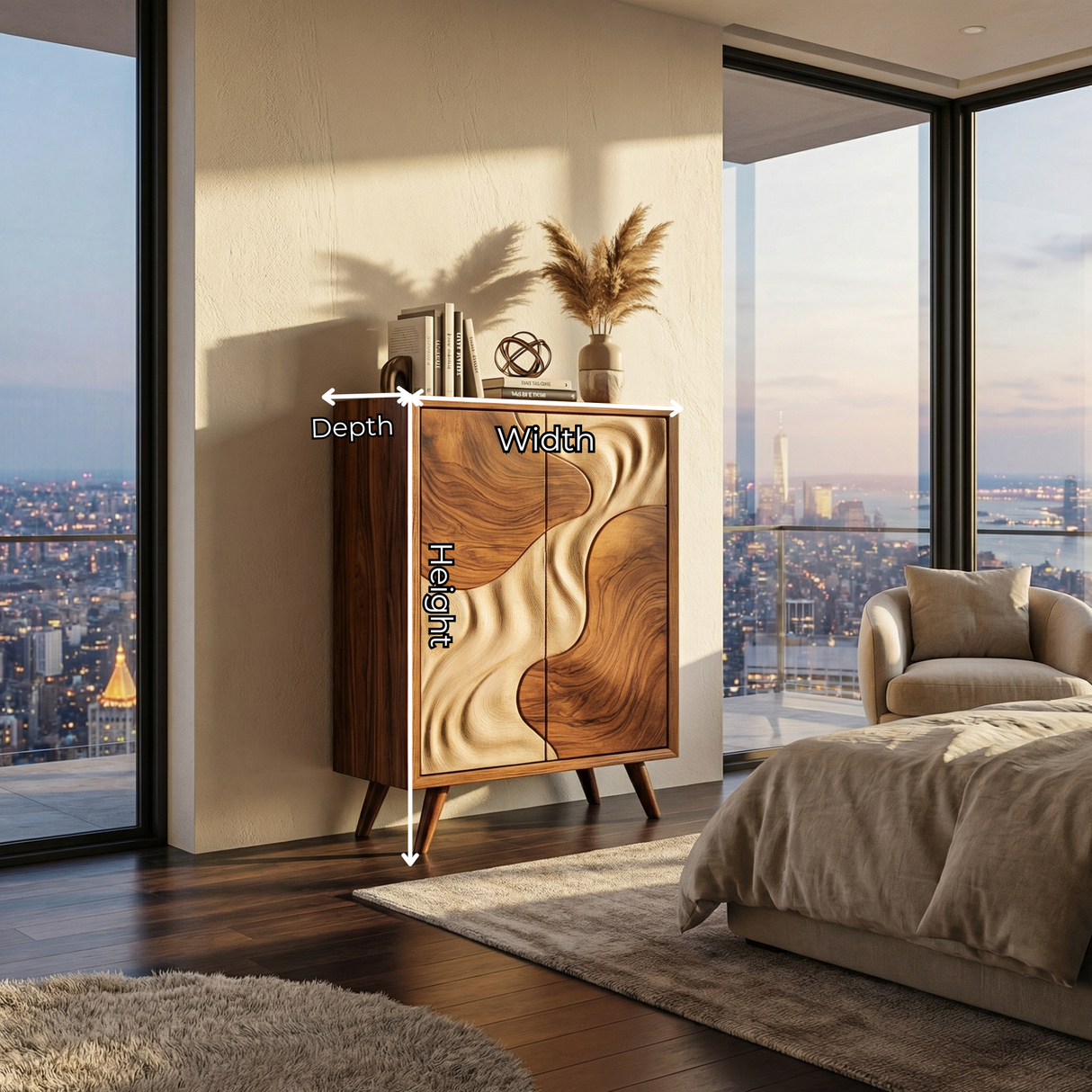 Solid Wood Sculptural Cabinet with Flowing Two-Tone Relief Doors for Modern Interiors