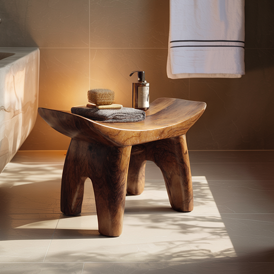 Handcrafted Solid Wood Bath Stool in Organic Form