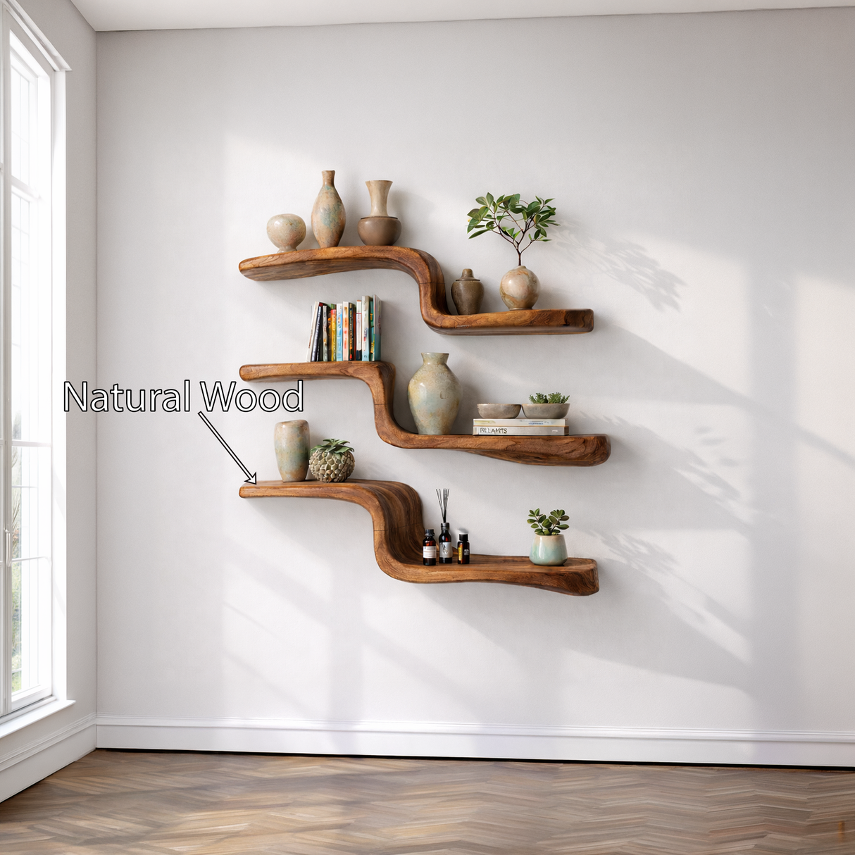 Handcrafted Solid Wood Wave Wall Shelf for Modern Interiors