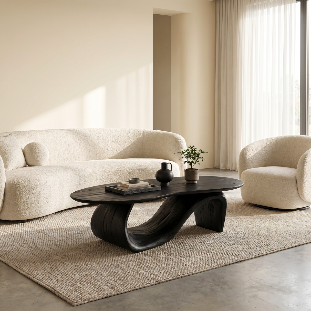 Solid Wood Coffee Table with Asymmetric Loop Base for Living Room