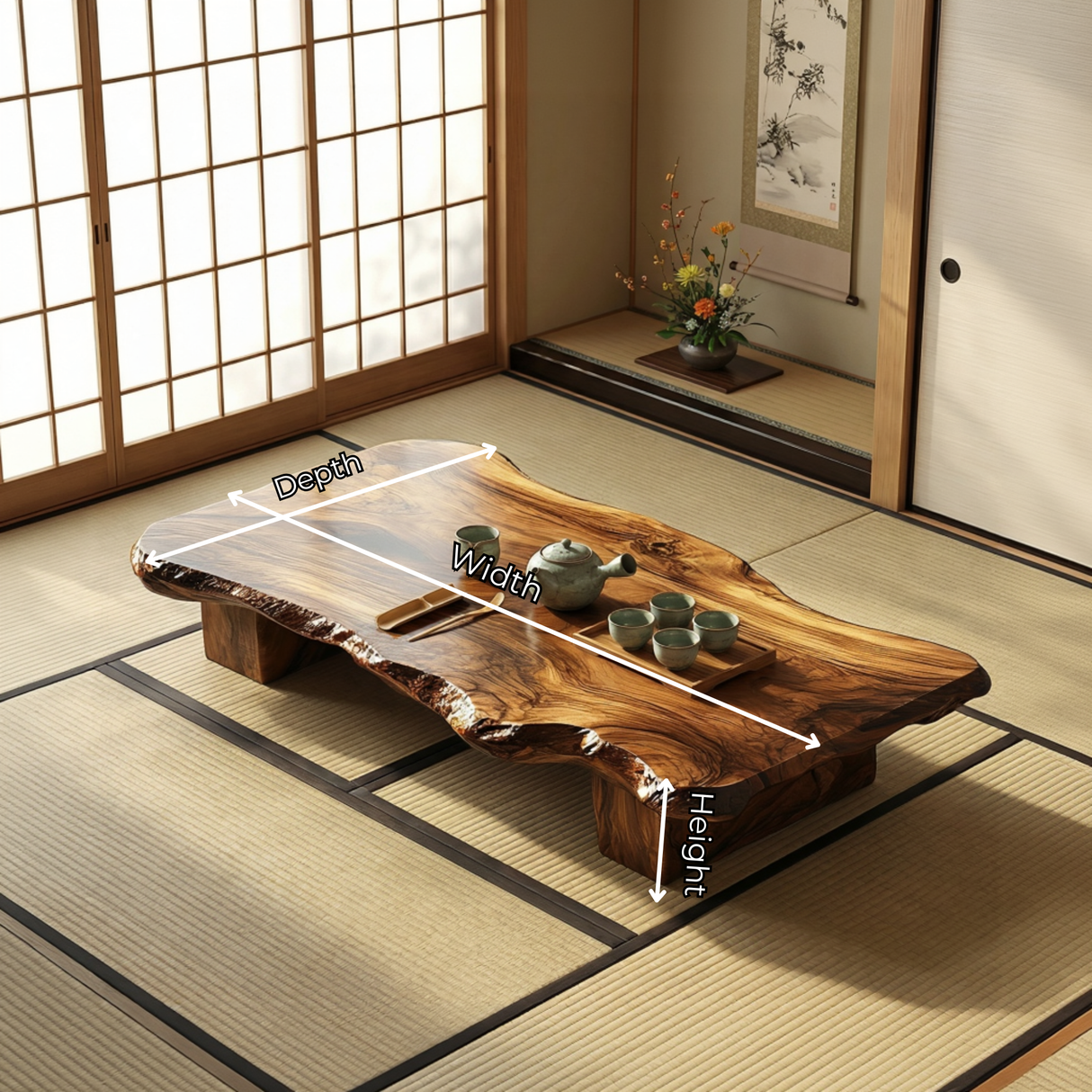 Solid Wood Live Edge Tea Table for Zen Tatami and Japandi Spaces