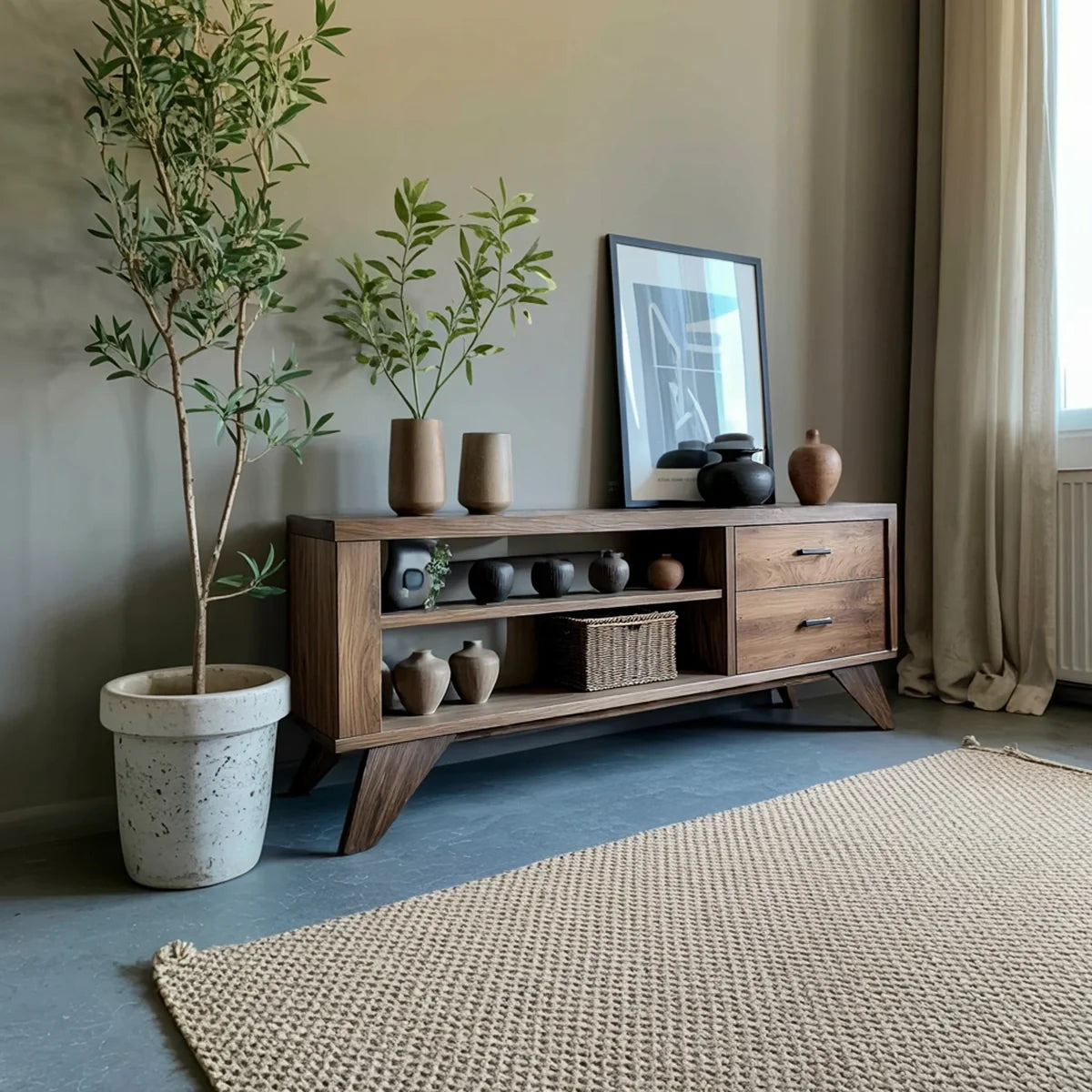 Solid Wood Sideboard with Open Shelves and Storage Drawers